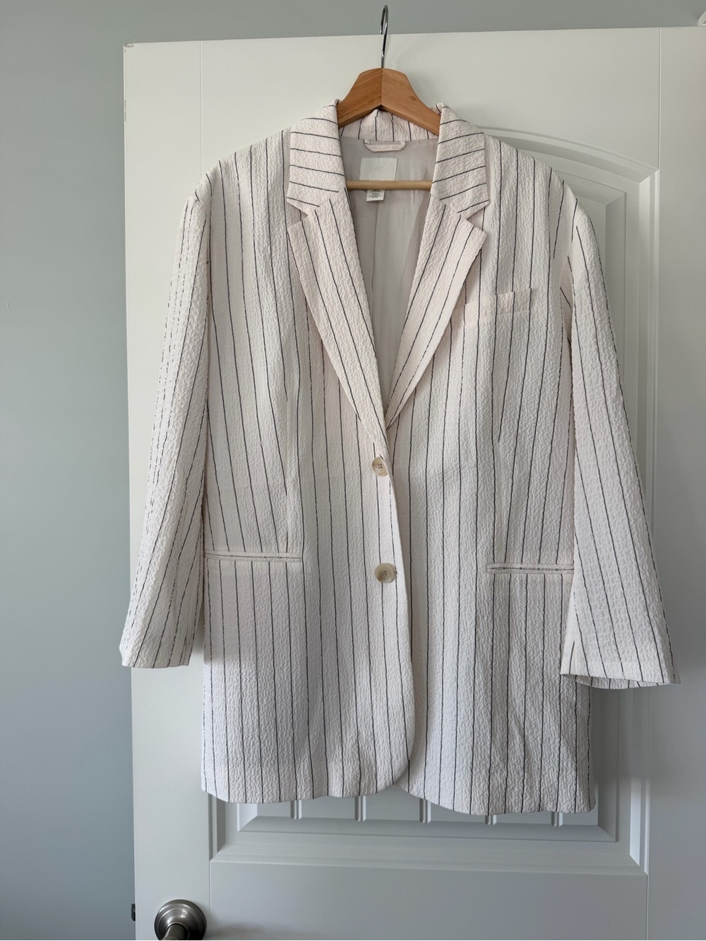 H&M Oversized White Blazer with Black Pinstripes